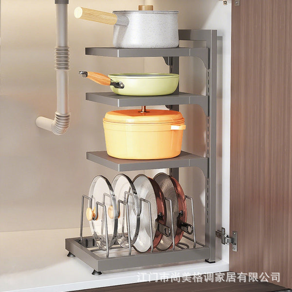 Under the sink, pot storage rack, cabinet countertop, layered vegetable preparation, pot lid rack, adjustable household multi-layer kitchen pot rack