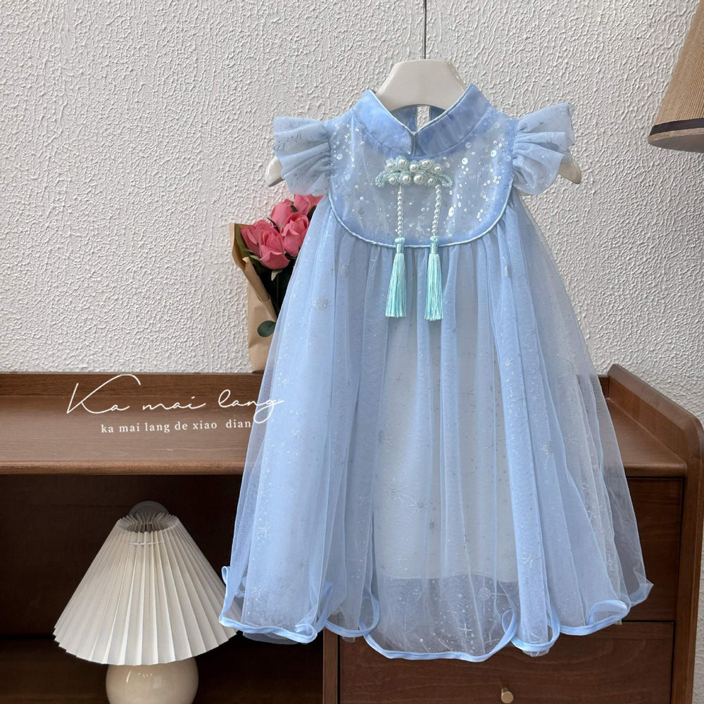 Girls' dress : new chinese style, chinese knot button, tassel, mesh, flutter sleeve princess dress