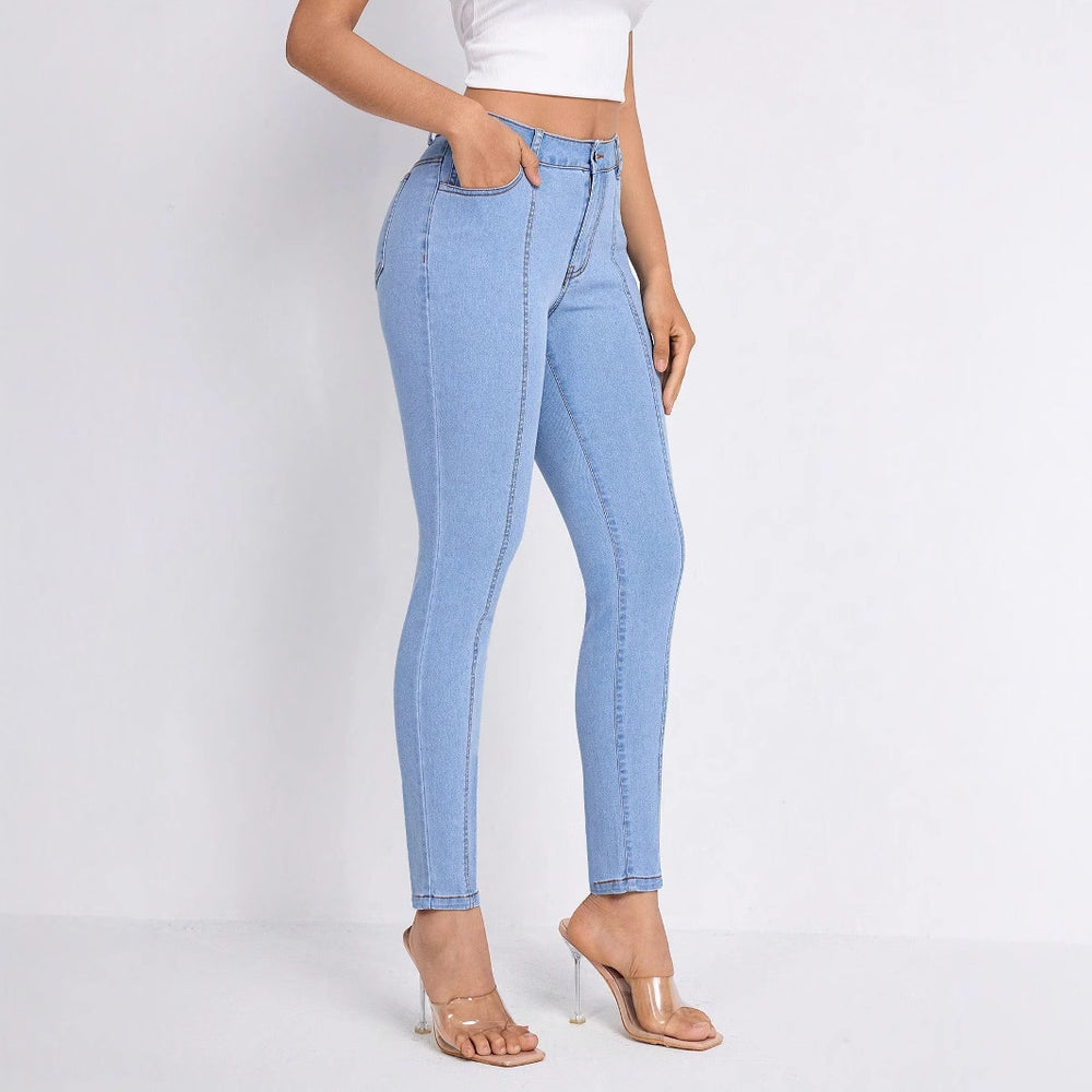 55--15606#  cross-border women's fashion european and american export ins blue high-waisted slimming skinny jeans