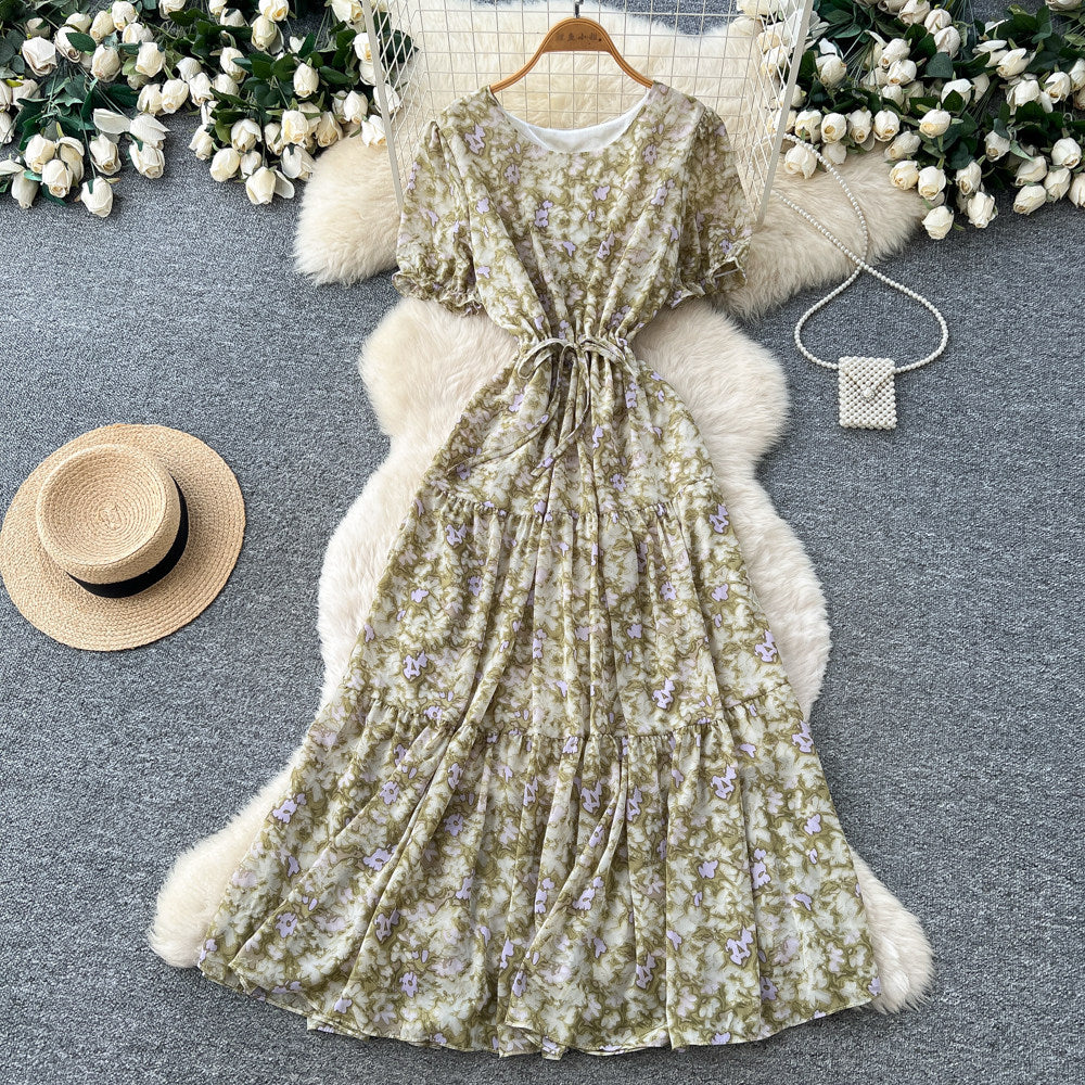 French floral v-neck dress - women's summer  collection: round neck, short sleeve, slim fit, ruffle hem, elegant maxi dress