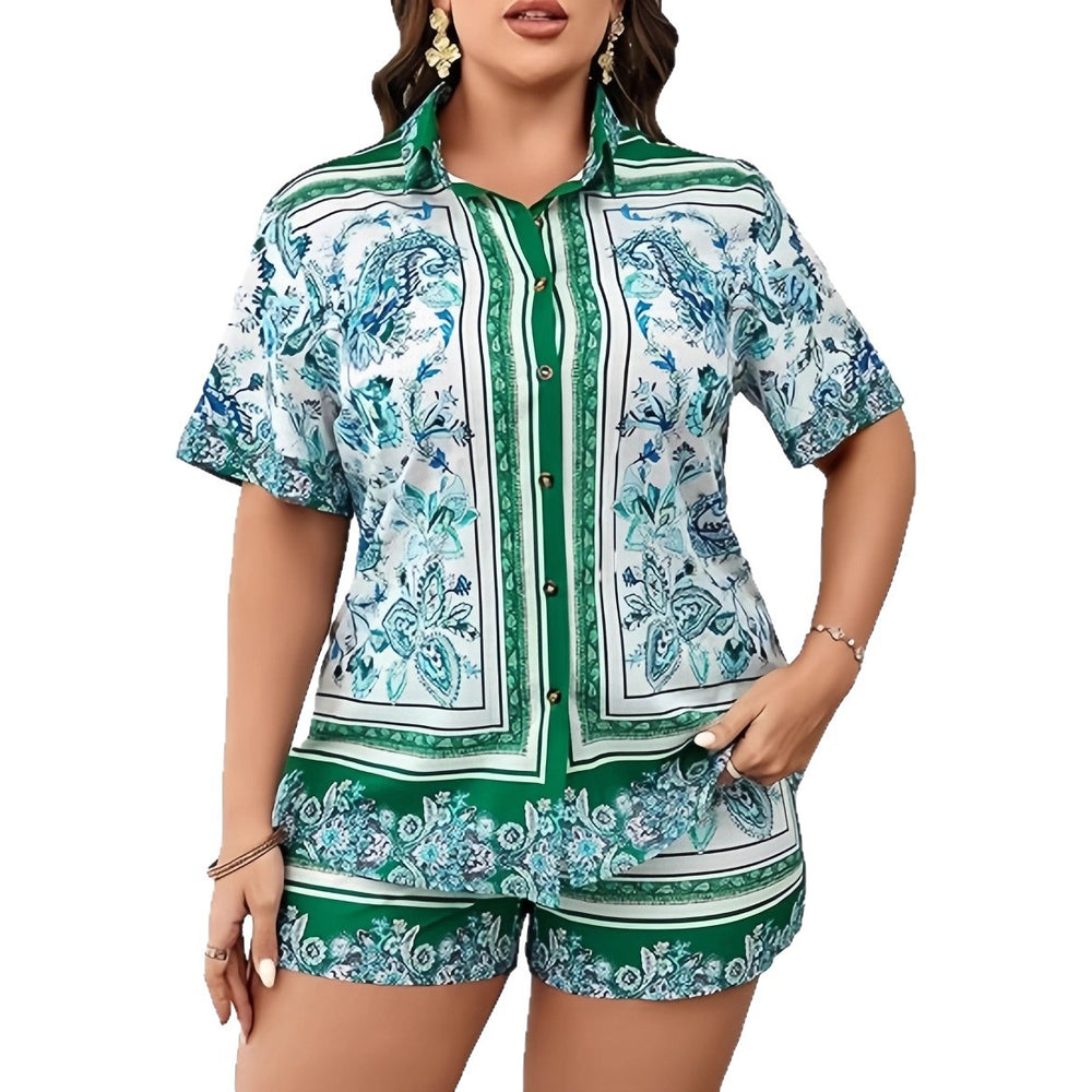 European and american cross-border women's fashion:  early autumn hot style retro print short-sleeve shirt and high-waisted shorts casual two-piece set