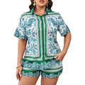 European and american cross-border women's fashion:  early autumn hot style retro print short-sleeve shirt and high-waisted shorts casual two-piece set