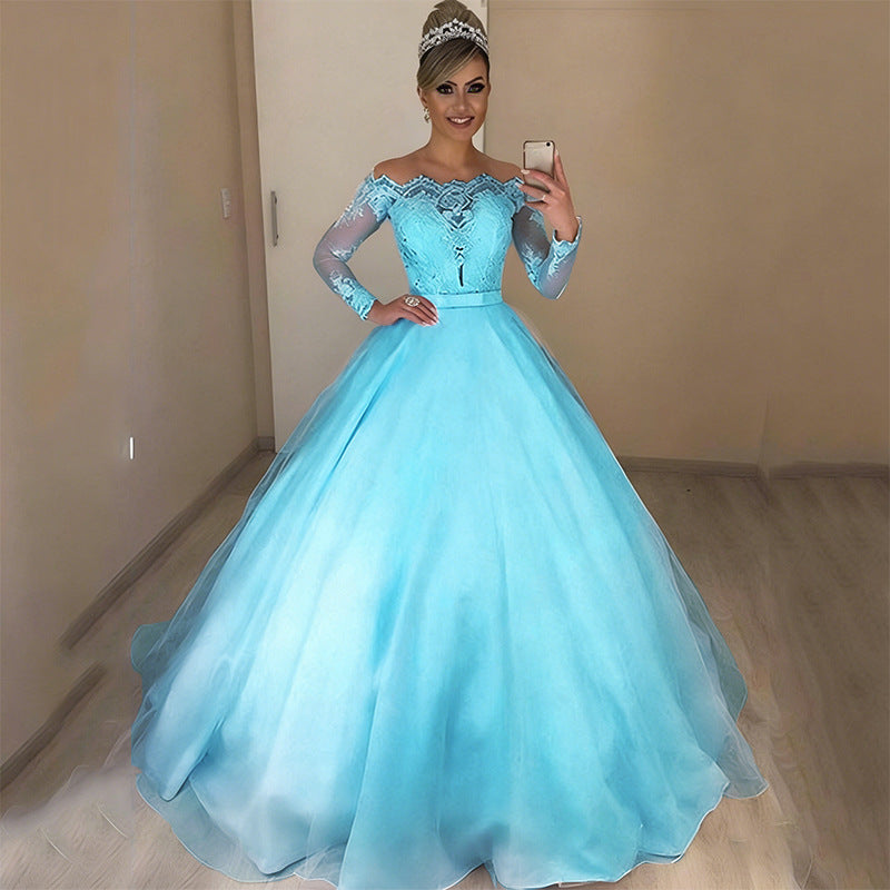 new foreign trade  fashion one-shoulder v-neck slim-fit trendy puffy train wedding dress with lace trim