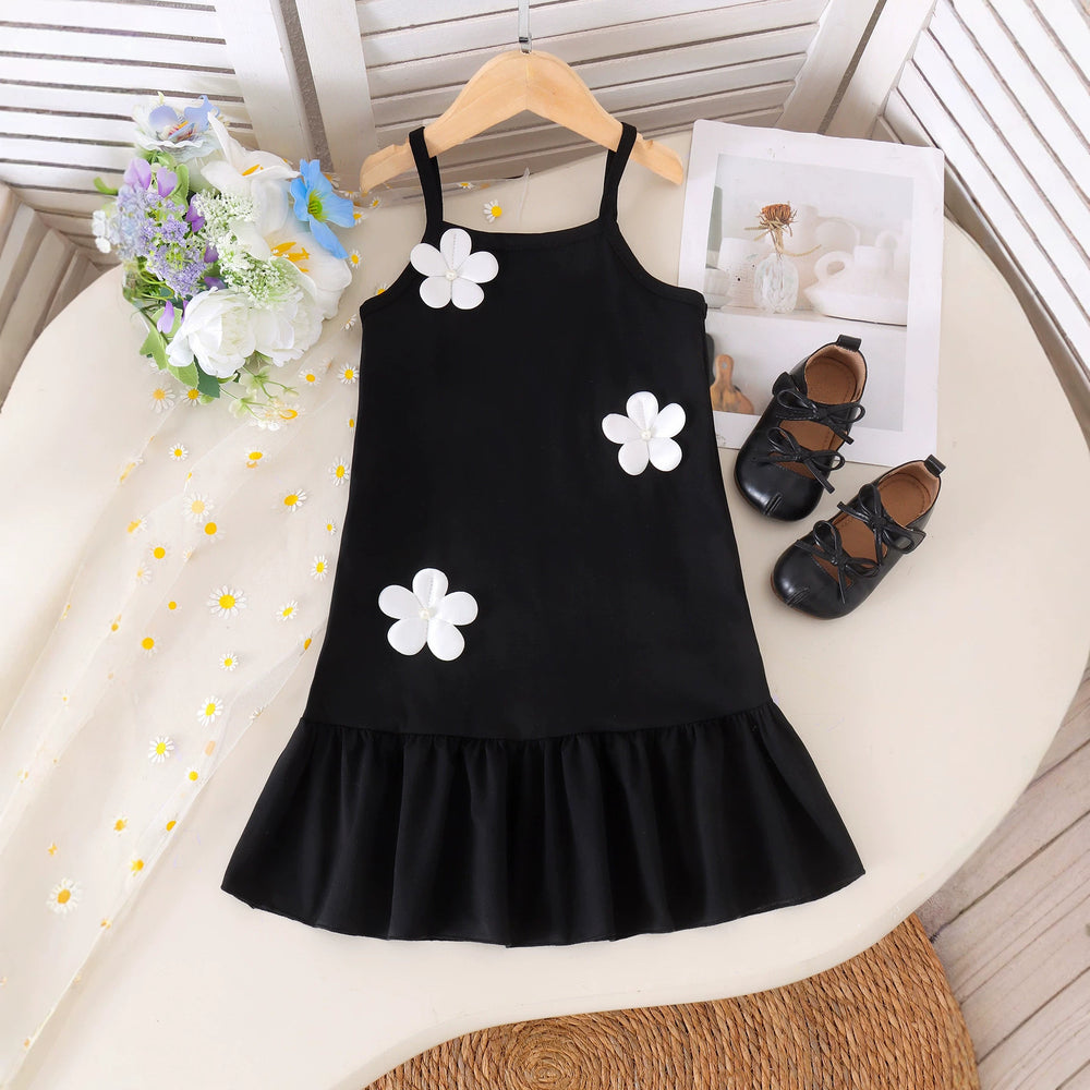 Girl's a-line sundress with 3d floral appliqués - black and white color block, perfect for a fresh summer look