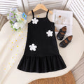 Girl's a-line sundress with 3d floral appliqués - black and white color block, perfect for a fresh summer look