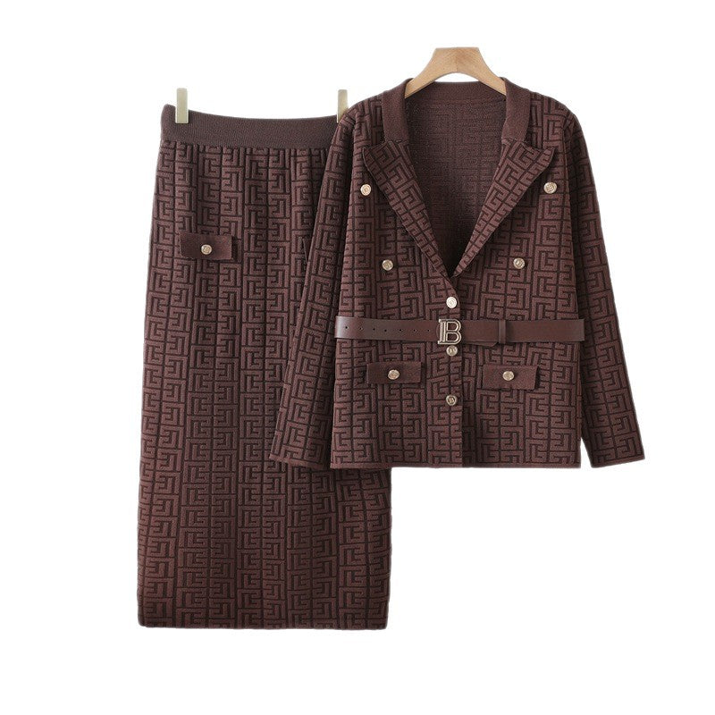 new european and american fashionable and elegant herringbone jacquard knitted export two-piece knit set dress