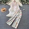 Korean style commute chic floral print two-piece set: women's autumn polo shirt and wide-leg pants outfit