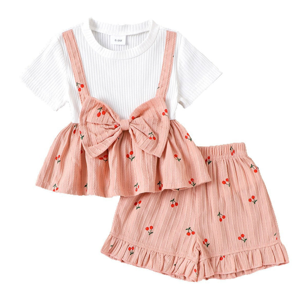 Kids clothing cross-border exclusive supply of fashion children's clothing girl's clothing white short-sleeved pink tops shorts set