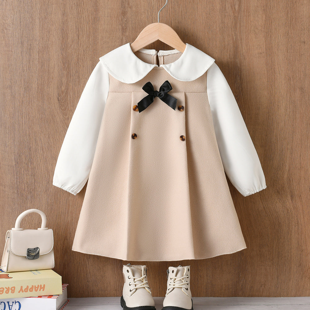 autumn girls' dress - khaki color block, peter pan collar shirt with bow tie, children's princess dress