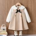 autumn girls' dress - khaki color block, peter pan collar shirt with bow tie, children's princess dress