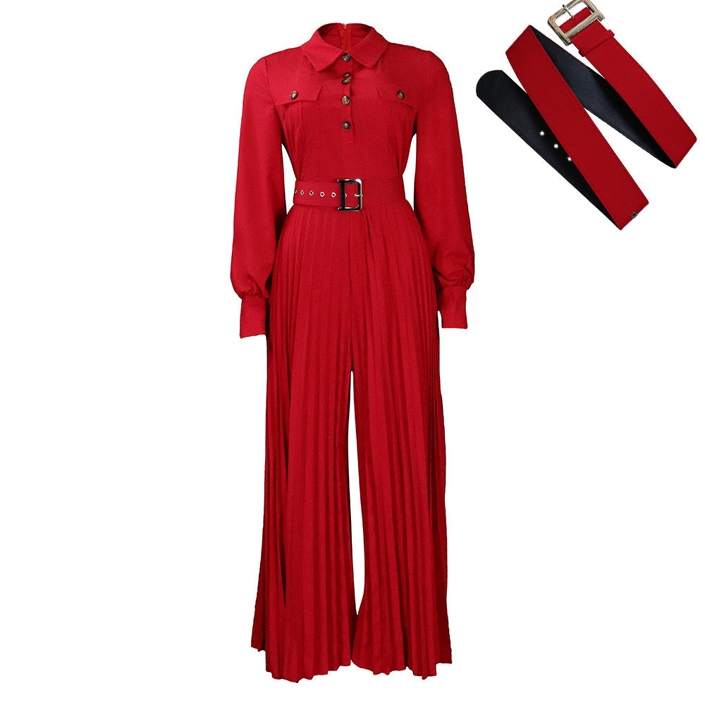 C8504 belted european and american style women's  spring/summer new long-sleeve casual loose pleated wide-leg jumpsuit - export quality
