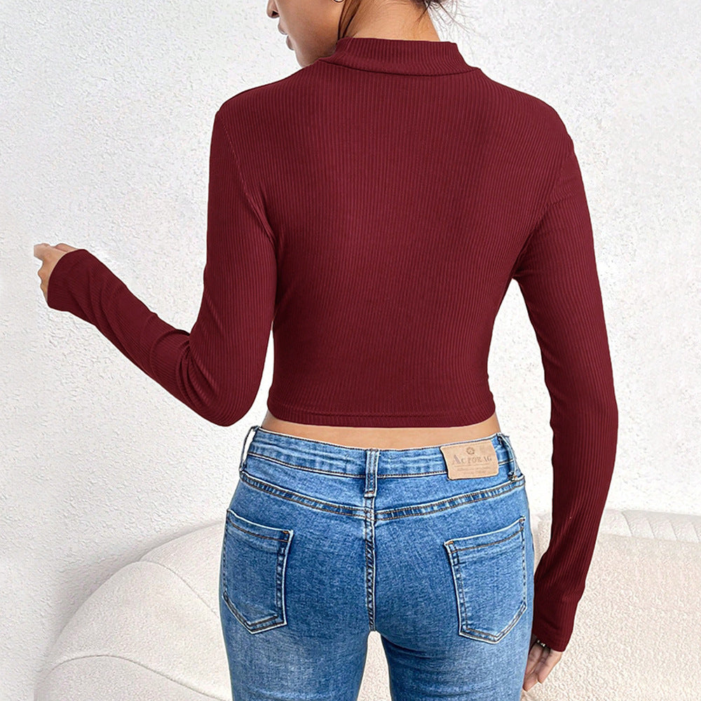 Cross-border European and American women's clothing 2024 autumn and winter design sense hollow semi-turtleneck long-sleeved bottoming shirt with knitted top