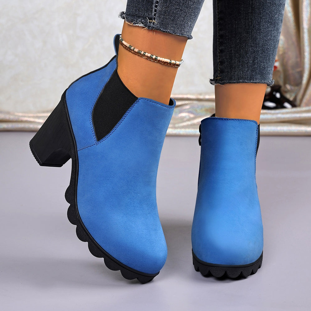 plus size thick high-heeled short boots for women  fall and winter new arrivalfashion round toe plaid elastic slip-on feet boots for women