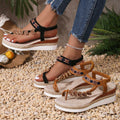 New arrival: plus size bohemian beaded thong sandals - women's ethnic style wedge heel hemp rope braided platform sandals