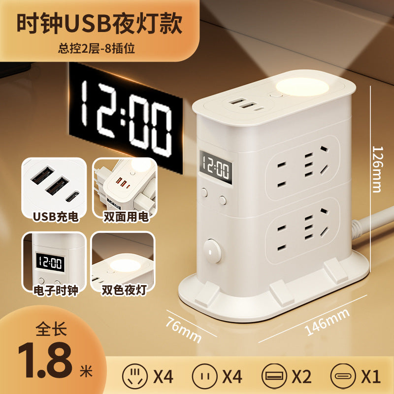 Multi-functional usb power strip socket - dorm room student power strip with long cord, home office desk panel with clock and night light