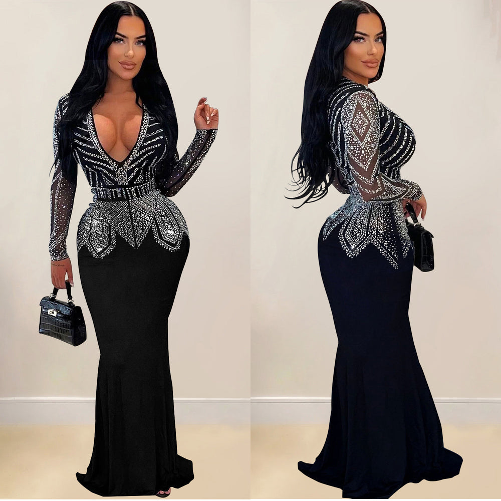 C7003 cross-border   independent station fashionfashion women's new hot diamond long skirt dress v neck