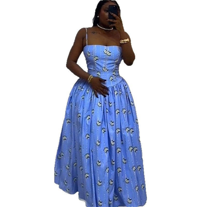 European and american women's clothing  autumn new sweet and fresh printed camisole bandeau high-waisted slimming a-line dress