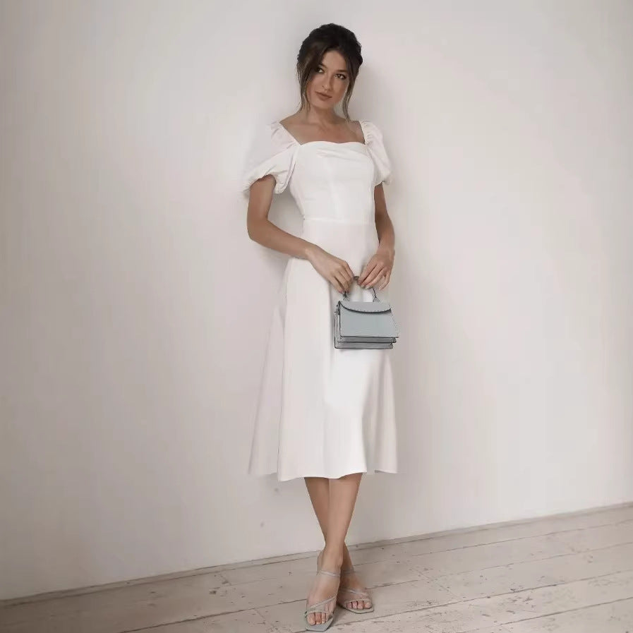 fall/winter new arrival: white bubble sleeve dress - ethereal & chic, european & american style, high-end fashion