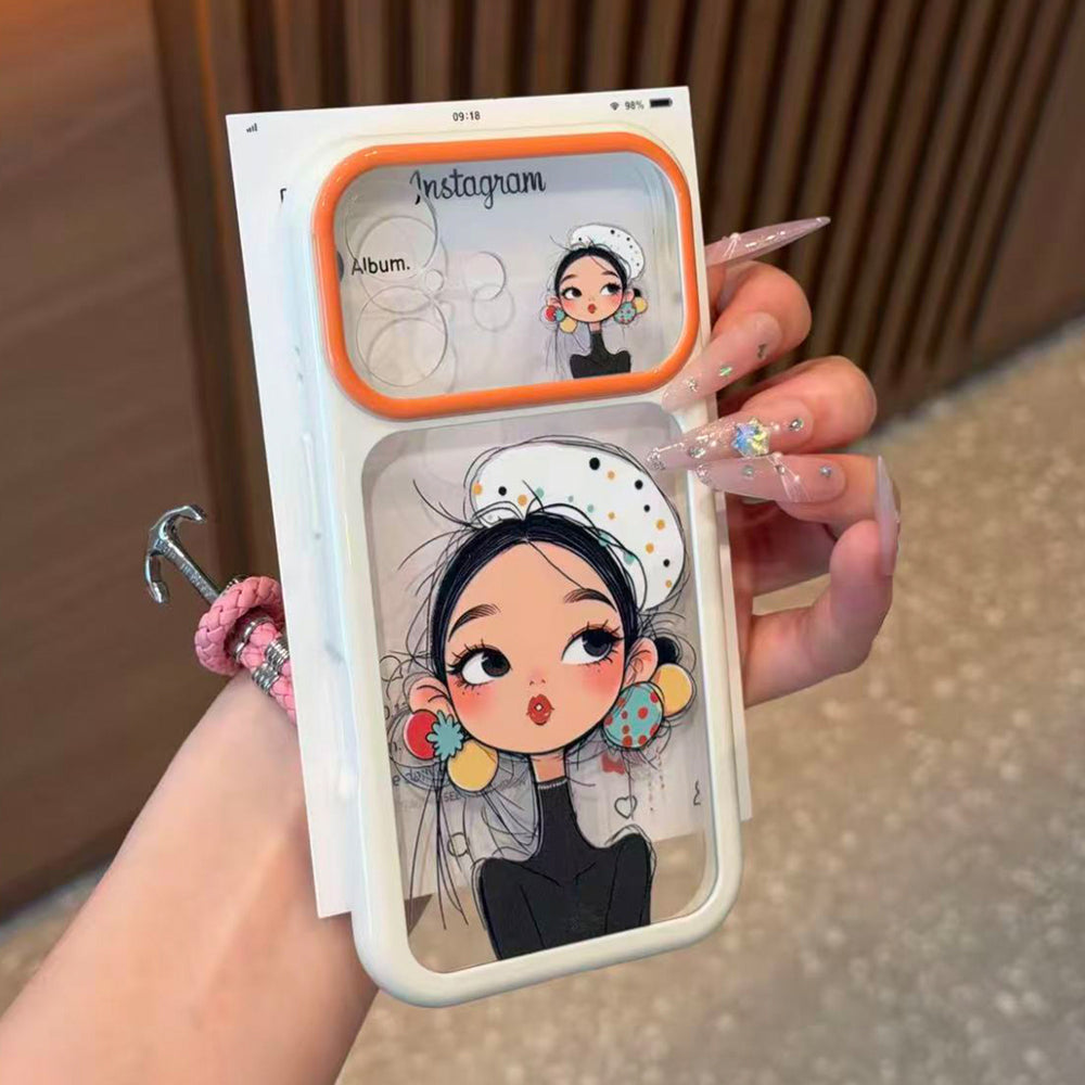 Two-tone, large-window cartoon girl phone case for iphone 18 - vintage hat girl apple 17 protective cover