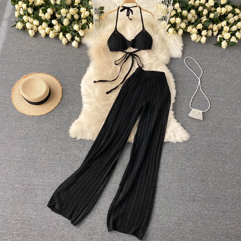 Beach vacation set for women: sexy bikini with halter top, unique cutout knit wide-leg pants