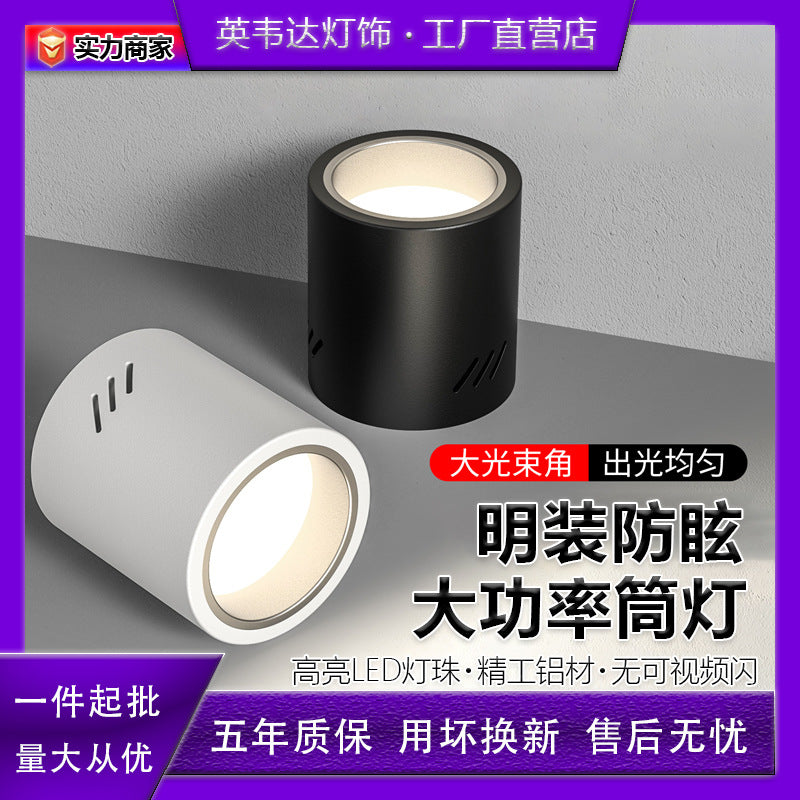 Led surface mounted downlight, anti-glare, round, external, punch-free, no-drill installation, ceiling-mounted, all-aluminum