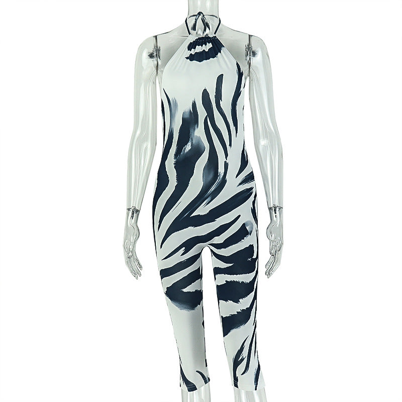 European and american style cross-border printed women's streetwear backless hot jumpsuit summer zebra print skin-tight sporty bodysuit