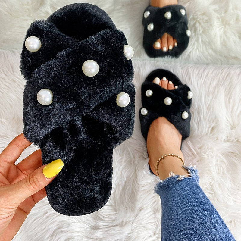Plush slippers women 2024fall and winter cross home pearl decoration sewing thread plush slippers women