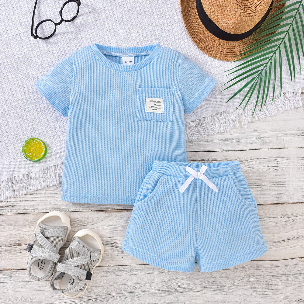 Baby boy & girl casual waffle knit pocket short sleeve top & shorts set
