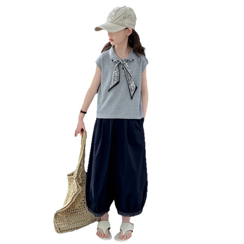 new girls' casual versatile lightweight lace trim student two-piece set - relaxed fit wide leg pants for girls