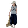 new girls' casual versatile lightweight lace trim student two-piece set - relaxed fit wide leg pants for girls