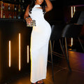 European and american cross-border elegant solid color metallic pleated bodycon halter maxi dress - fashionable asymmetrical women's clothing