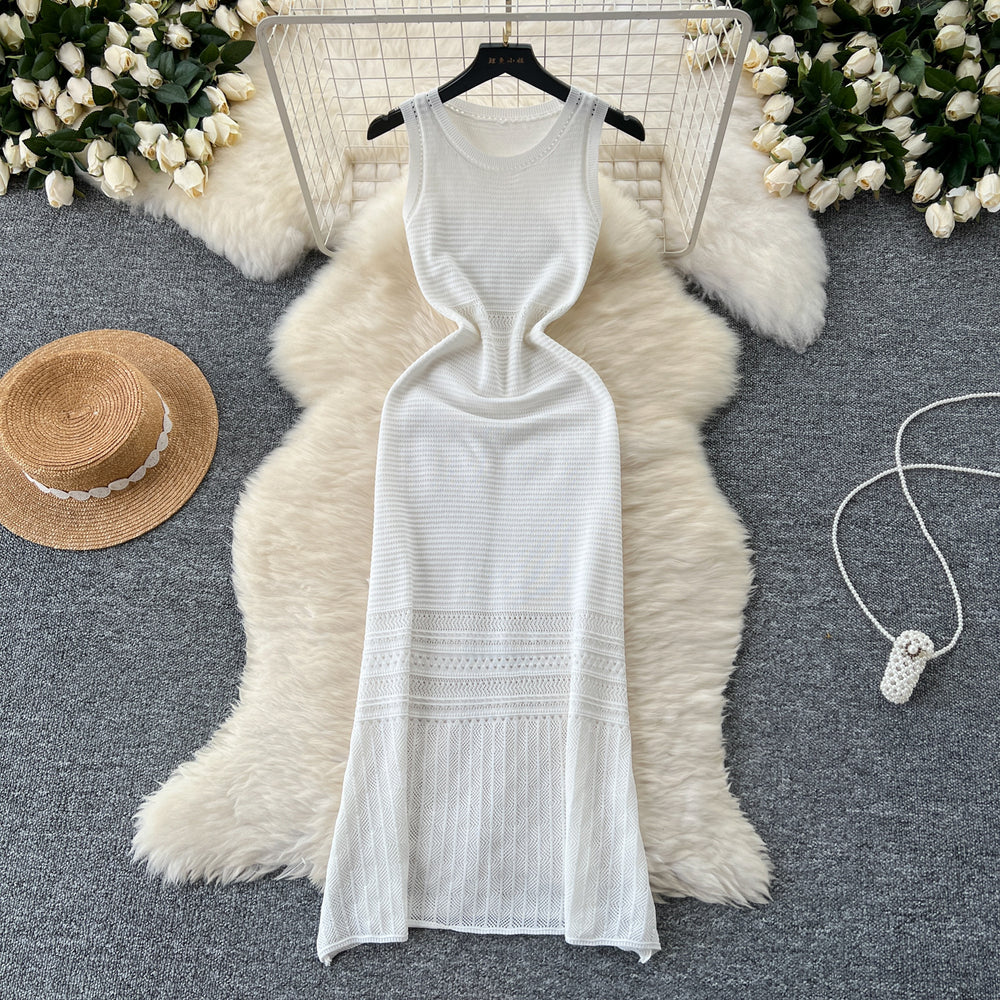 Elegant women's dress 2024 new arrival: high-end, slim-fit, sleeveless, round neck, hollow-out knit vest dress - long length
