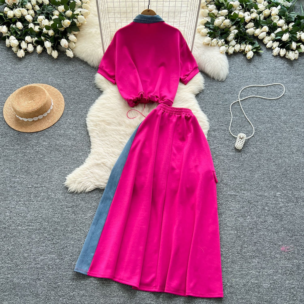 Salt style light mature two-piece set women's summer drawstring waist fake two-piece short-sleeved topshigh waist denim patchwork skirt