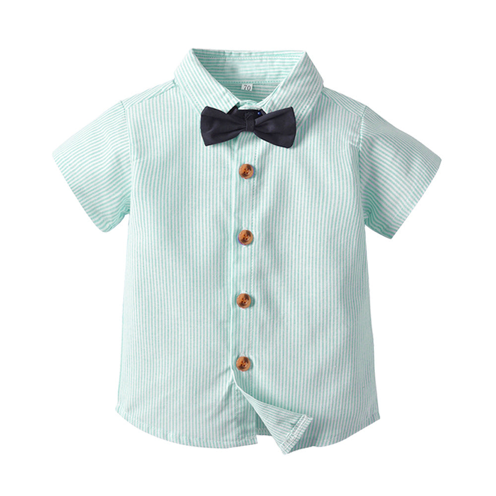 Boys' gentleman style short-sleeve shirt - lapel collar performance costume, formal top, student striped shirt - customizable