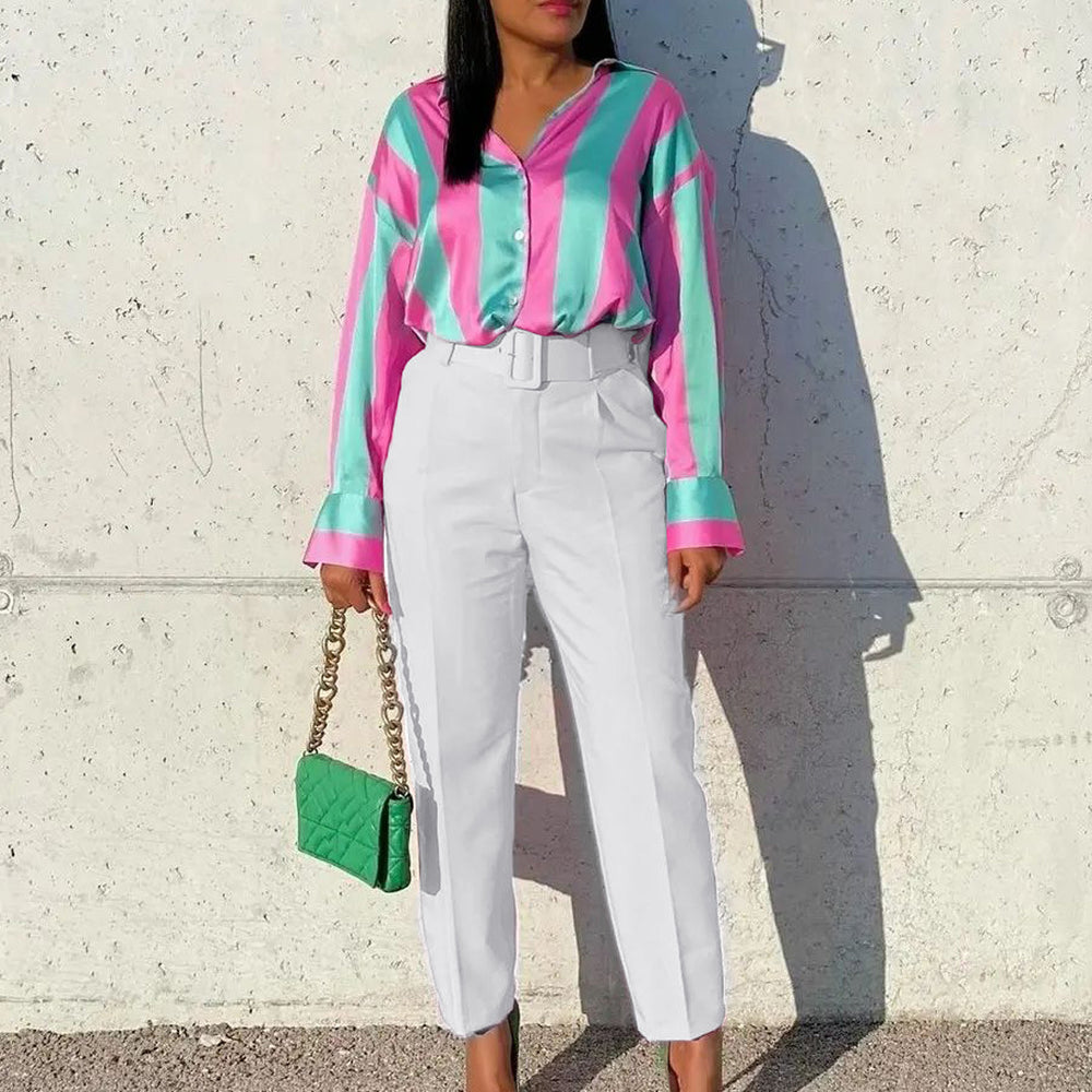Belted european and american style women's clothing  spring new fashion plus size slimming high waist casual skinny pants foreign trade suit pants