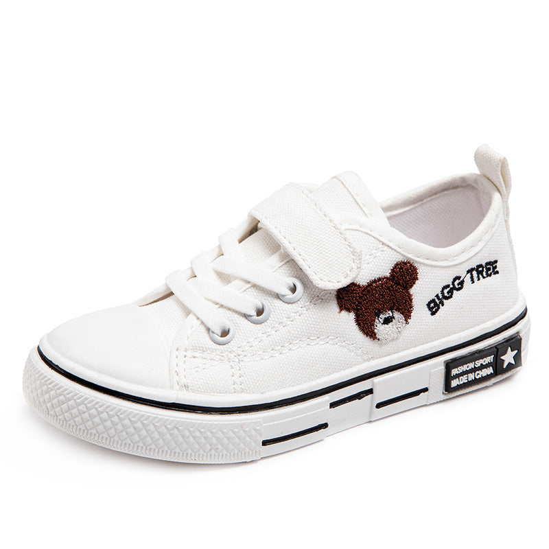 Low-top solid soft-soled baby casual board shoes children's spring new boys and girls breathable cartoon embroidered canvas shoes