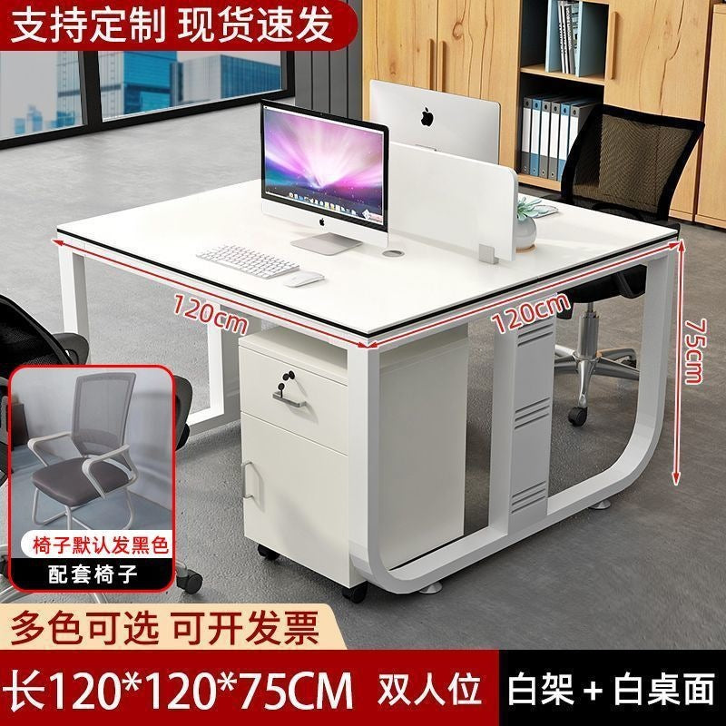 Modern minimalist office desk and chair set - 4-6 person workstation with partitioned desks and booth seating for employees