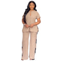 European and american cross-border women's fashion  winter new arrival: short-sleeve v-neck side-slit top and high-waisted wide-leg pants two-piece set