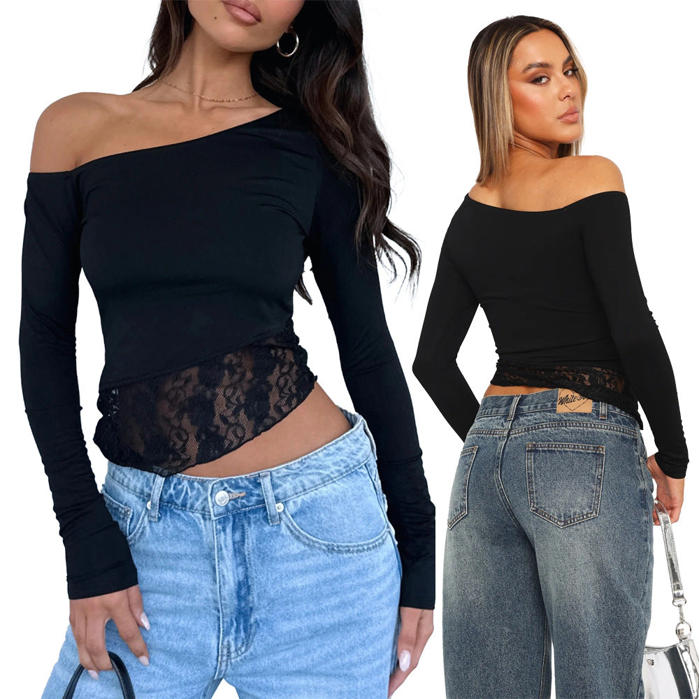 European and American new women's clothing casual lace edge long-sleeved T-shirt spring and autumn solid color slim-fit pullover street bottoming shirt top
