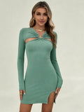 hot-selling knotted cut outlong sleevesdress silm hip-covering slit hot girl style slimming look short skirt