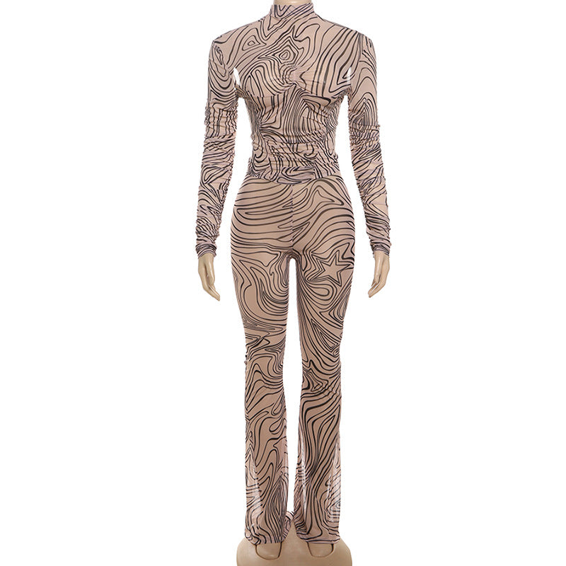 European and American  2024 autumn new women's clothing fashion personalized printing mesh semi-turtleneck long-sleeved slim pants set