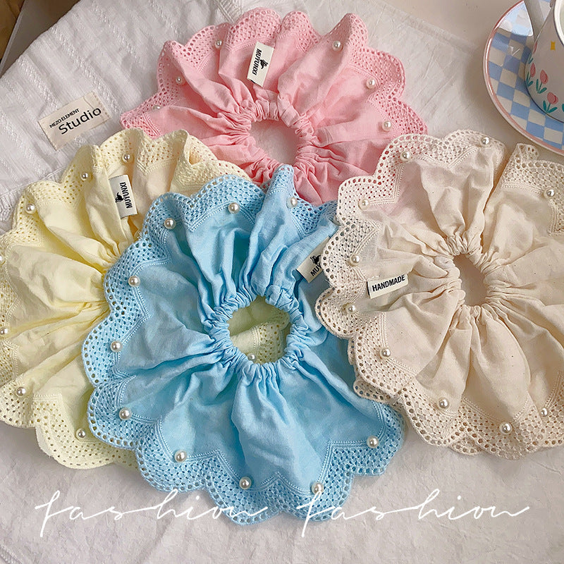 Korean dongdaemun sweet lace trim scrunchie, premium pearl hair tie, ponytail holder, durable hair accessories