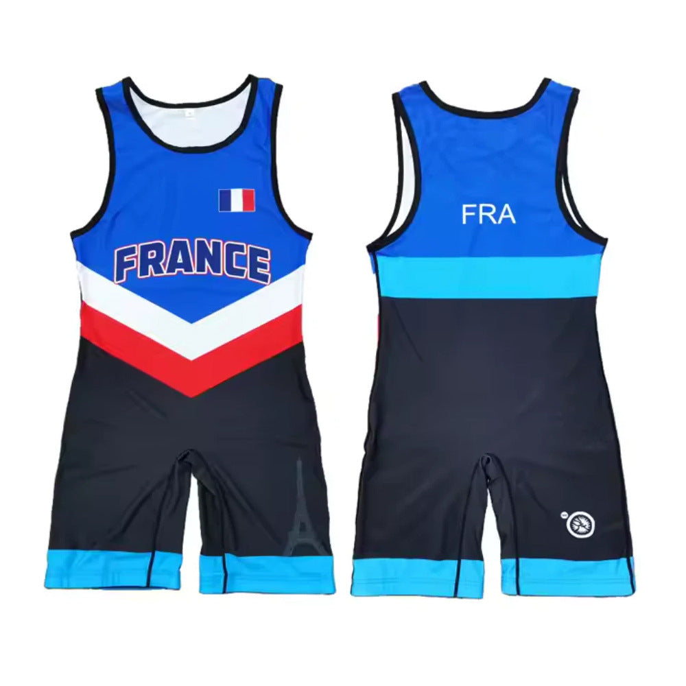 Sublimation full body print men's one-piece wrestling suit custom match weightlifting suit men's and women's free wrestling one-piece vest