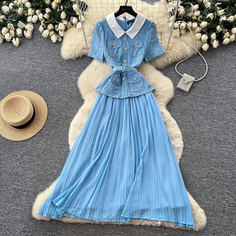 Xiaoxiangfenglacea-linework clothing short-sleeved dressfemale yellow lapel waist pleated long skirt elegance socialite style