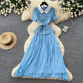 Xiaoxiangfenglacea-linework clothing short-sleeved dressfemale yellow lapel waist pleated long skirt elegance socialite style