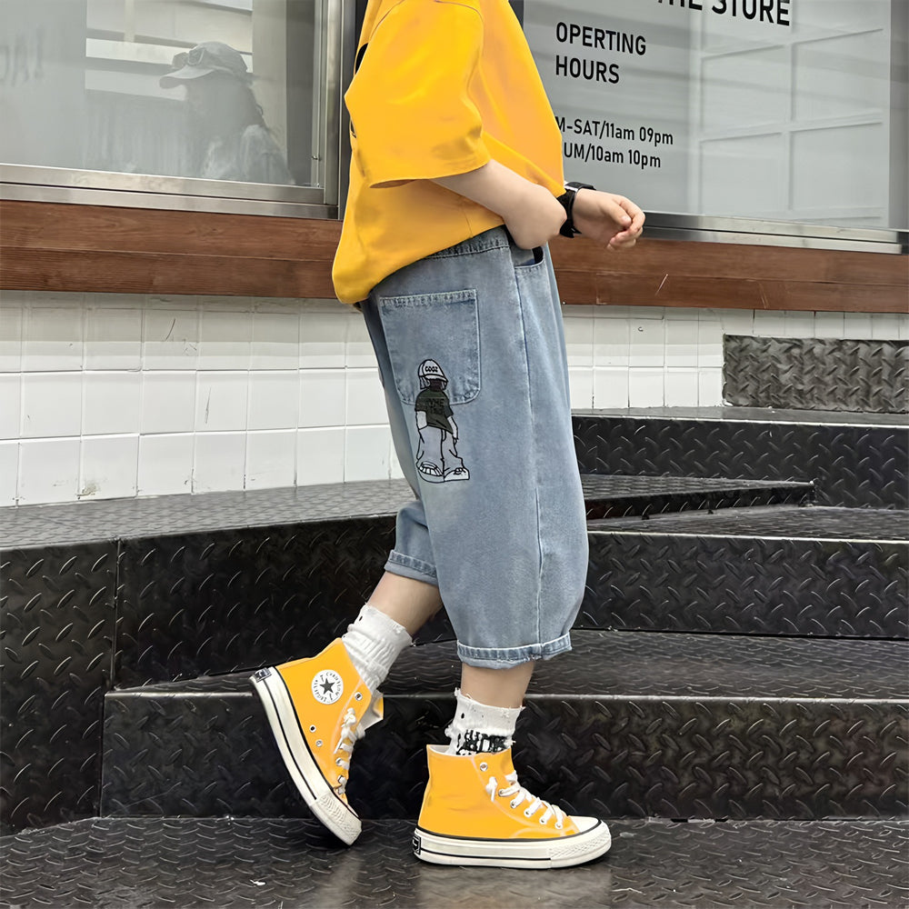 Boys' summer denim shorts:  new trendy & stylish boy's summer cropped pants, lightweight shorts for mid-to-large children