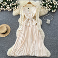 Frenchclassy sense lapel lacepatchwork metal buckle waist pleated dress female autum tweed style long skirt