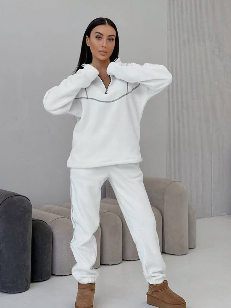European and American  fashion sweater set women's zipper semi-cardigan jumper trousers two-piece set sports suit women