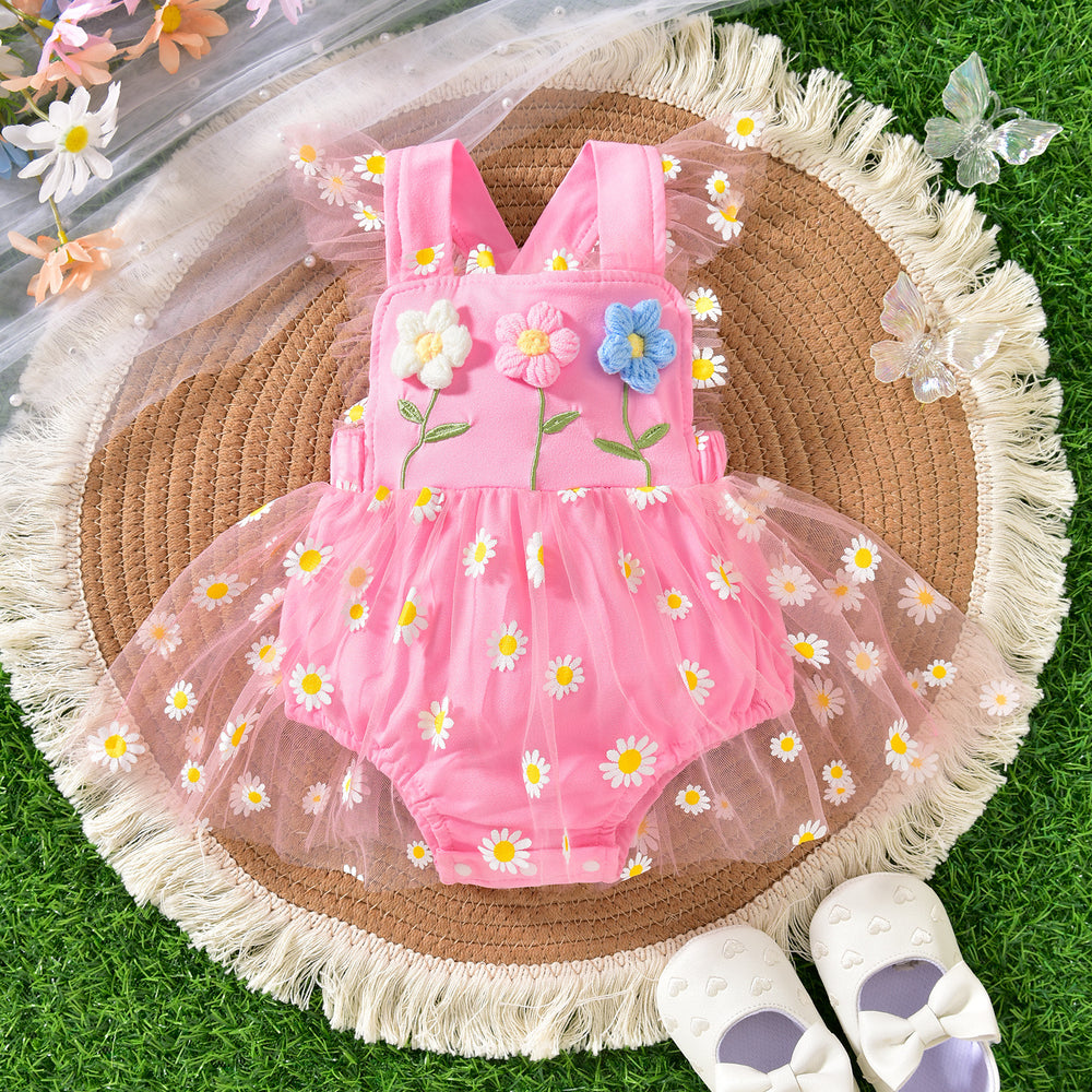 Baby girl party outfit cute suspender three flowers patchwork mesh one-piece dress