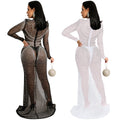 X5595  fashionable european and american style nightclub rhinestone embellished women's mesh see-through long sleeve slit maxi dress